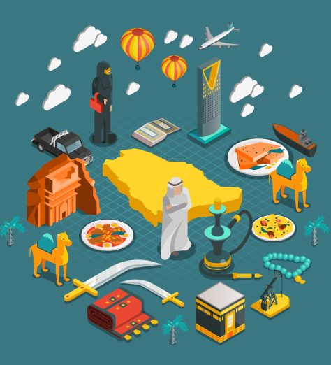 Saudi Arabia isometric composition with icons of arabian culture architecture entertainment in flat style isolated vector illustration