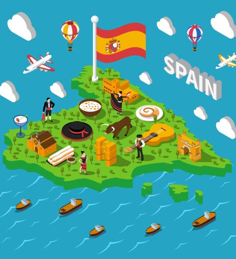 Touristic Spain isometric map with culture and sightseeing symbols vector illustration